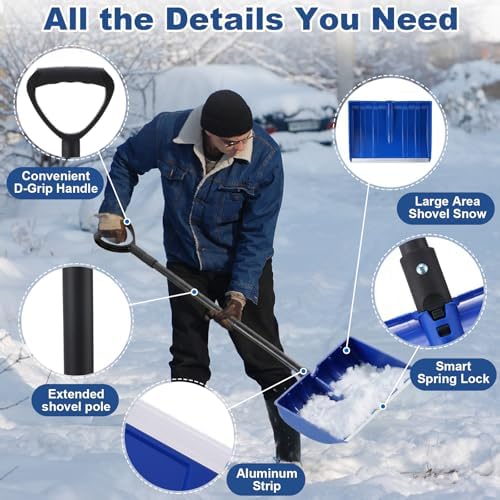 Therwen 52 to 66 Inch Snow Shovel for Driveway with Aluminum Strip Adjustable Length Detachable Large Snow Shovel with D-Grip Handle, Portable Shoveling Tool for Home Garage Garden Camping Outdoor