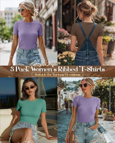 Ficerd 3 Pack Women's Ribbed Short Sleeve T-Shirts