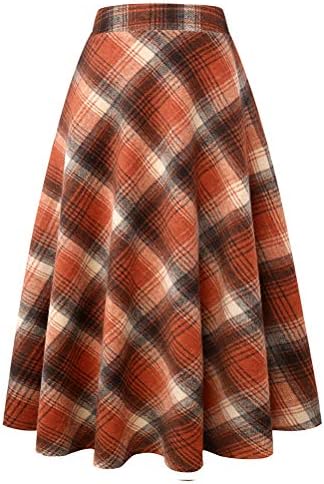 IDEALSANXUN Womens Plaid Wool Skirts Elastic Waist A-Line Pleated Tartan Long Skirts