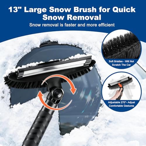 57" Extendable Long Snow Brush with Ice Scraper for Car Truck SUV Van - Soft Squeegee with 270° Pivoting Brush Head for Windshieldand Window - Snow Scraper with Antifreeze Gloves