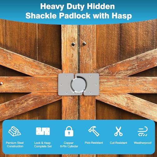IRONWALLS Hidden Shackle Padlock with Key, 2.87”/73mm Steel Heavy Duty Door Lock Keyed Alike with Locking Hasp, 80mm Screws, Fits for Trailers, Trucks, Vehicles, Garage, Shipping Container
