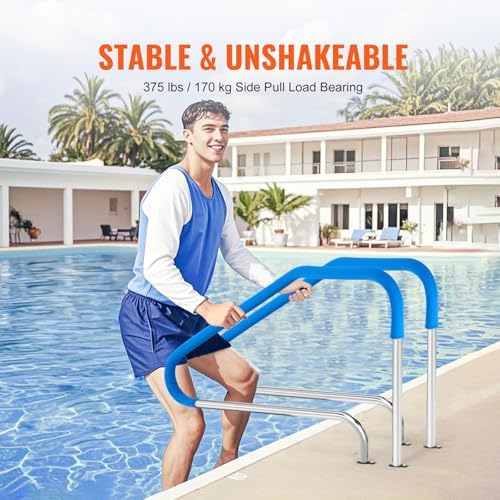 VEVOR Pool Handrail,46 x 37 inch Pool Railing, Stainless Steel (Pre-Built) for Indoor/Outdoor Pools,Swimming Pool Railing for Decks,Rust-Proof Grab Bar with Blue Grip Cover&Accessories for Spas