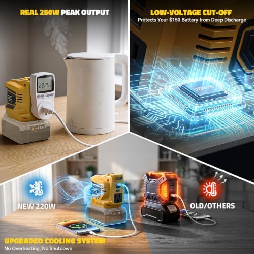 LIVOWALNY 220W-250W Power Inverter, Compatible with DeWALT 20V Battery, DC 20V to AC 110V-120V Portable Power Inverter, 1 AC Outlet, 2 USB Ports & 1 Type-C Port, Adjustable LED Work Light, (Tool Only)