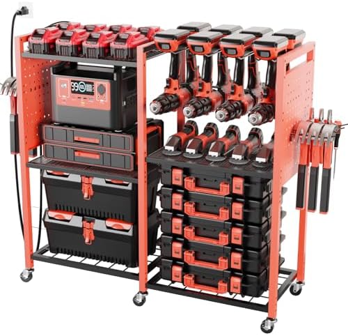 Heavy-Duty Power Tools Organizer Cart with Charging Power Strip, 6-Tier Rolling Utility Cart with 8 Hooks and 6 Load-Bearing Wheels, Garage Tool Storage Rack for Workshop for Men