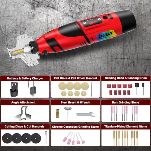 OUBA Cordless Chainsaw Sharpener with 12v Battery, Comes with Electric Chainsaw Sharpener Tool with 54 PCS Sharpener Accessories, Chainsaw Chain Sharpener with Titanium Plated Diamond Bits