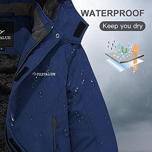 FARVALUE Boys Waterproof Ski Jacket Windproof Winter Coat Warm Snow Coat Outdoor Raincoats with Removable Hood
