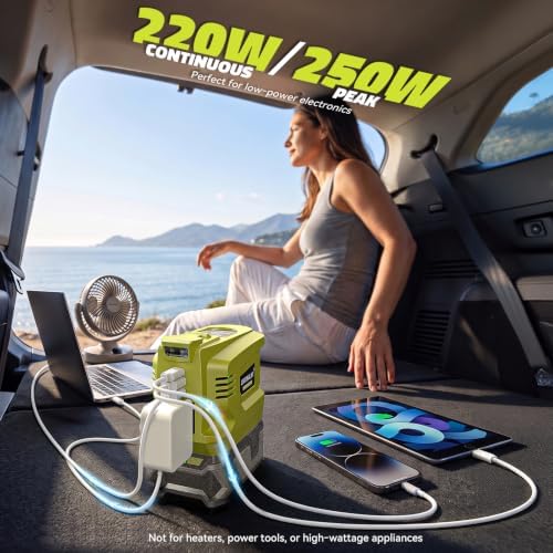 LIVOWALNY 220W-250W Power Inverter Compatible with Ryobi 18V Battery, DC 18V to AC 110-120V Power Station with 1 AC Outlet, 2 USB, 1 Type-C & LED Light, for Camping Power Outage (No Battery) (2-Pack)