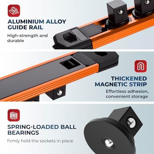 Reniteco Magnetic Socket Organizer, 1/4” Aluminum Alloy Rail, 14 Clips | Heavy-Duty Socket Rails, Removable 360° Swivel ABS Clips, Magnetic Base, Tool Box Drawer or Wall Mount