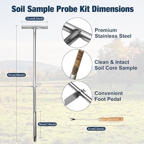 HOMAR 36 Inch Soil Sample Probe Stainless Soil Sampler Kit | T-Handle Soil Probe Rod For Golf Courses and in Gardening Soil Core for Use with Soil PH Meter Soil Moisture Probe