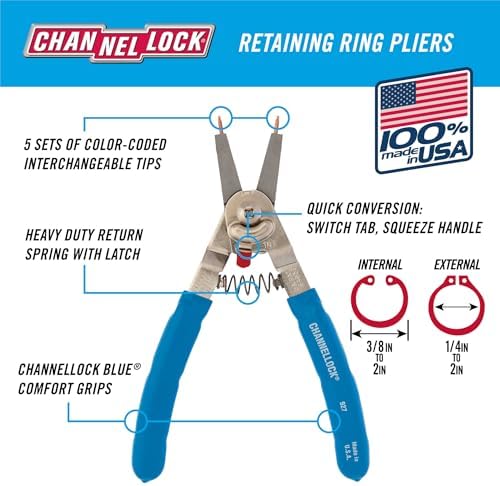 Channellock Snap Ring Plier 927 - Precision Circlip Retaining Ring Pliers, 5 Tips, Made in USA - 8-Inch