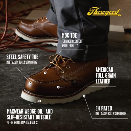Thorogood American Heritage 8” Steel Toe Work Boots for Men - Full-Grain Leather with Moc Toe, Slip-Resistant Wedge Outsole, and Comfort Insole; EH Rated
