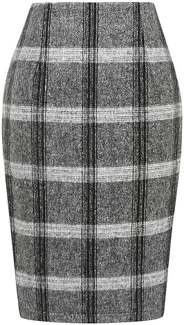 IDEALSANXUN Plaid Skirts for Women Fall Winter Knee Length Pencil Wool Skirt with Slit