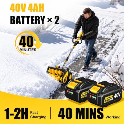 Litekon 40V Brushless Cordless Snow Shovel, 17-Inch Electric Snow Blower with 2X 4.0Ah Batteries Snow Removal with 30FT Throw Distance for Patio, Deck, Driveway,Yellow