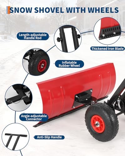 Garvee Snow Shovel with Wheels, 5-Position Angled Blade & Rubber Wheels, Heavy-Duty Back Saver Steel Snow Plow for Driveways, Sidewalks & Doorways, Double Rod, 29" W X 16.5" H, Red & Black
