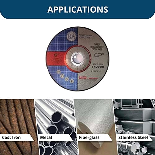 Benchmark Abrasives Grinder Cut Off Wheels 6 Inch Aluminum Oxide Depressed Center Thin Type 27 for Metals, .045" Thick 7/8" Arbor, Angle Grinder Cutting Disc, Grinding Cutting Wheel - 100 Pack