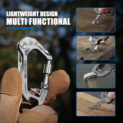 Titanium 6-in-1 Multi-Tool Carabiner–EDC Damascus Steel Knife, Bottle Opener, Screwdriver Set, Lockable Keychain Hook – Lightweight 1.3 oz for Outdoor Camping Hiking, Gift for men