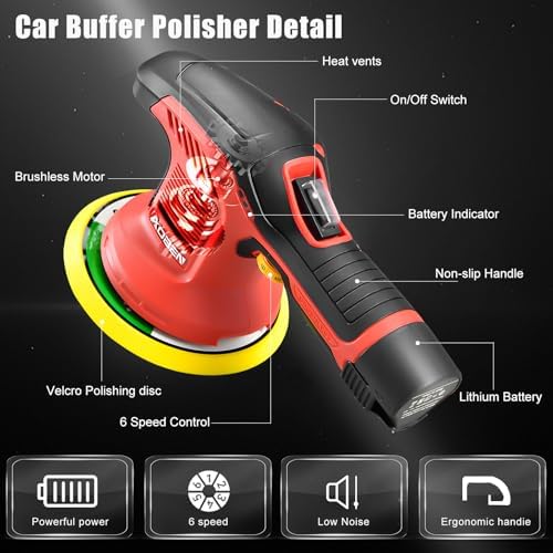 AOBEN Cordless Car Polisher,6 Inch Car buffer Waxer Kit with 3X2000mAh Batteries,6 Variable Speed &10 Polishing Pads,Brushless Cordless Polisher for Car Detailing/Waxing/Polishing/Scratch Removing