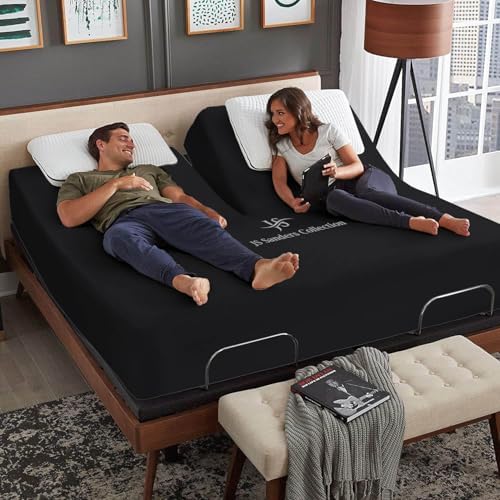 JS Sanders Collection 600TC Flex Top Queen Sheets for Sleep Number Bed - 100% Cotton 4 Pcs Top Split Queen Sheets for Adjustable Bed Queen 32 Inch Down Black -18 Inch Deep
