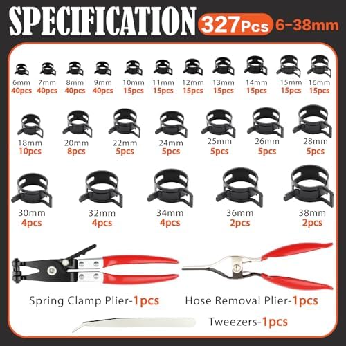 327Pcs 6-38mm Spring Hose Clamps Assortment Kit with Spring Clamp Plier,Hose Removal Plier,for Fuel Line,Vacuum Hoses,Silicone,Air Hose Applications
