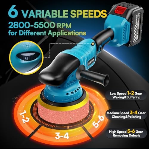 Upgrade Cordless Car Buffer Polisher with 21V 2×4000mAh Battery,6 In Brushless Buffer Polisher Kit, 600W Orbital Polisher with 6 Variable Speed for Car Detailing Waxing Scratch Removing