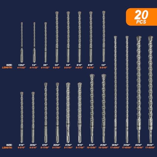 Rotary Hammer Drill Bits Set SDS Plus Bits 20PCS Concrete Masonry Hole Tool with Storage Case for Concrete, Stone, Brick