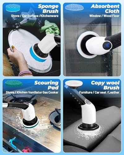 Electric Spin Scrubber,Bathroom Cleaning Brush,Shower Scrubber with Long Handle 8 Replaceable Brush Heads Voice Broadcast 3 Rotating Speeds,Tub Scrubber,Cordless Power Cleaning Brushes Floor Tile
