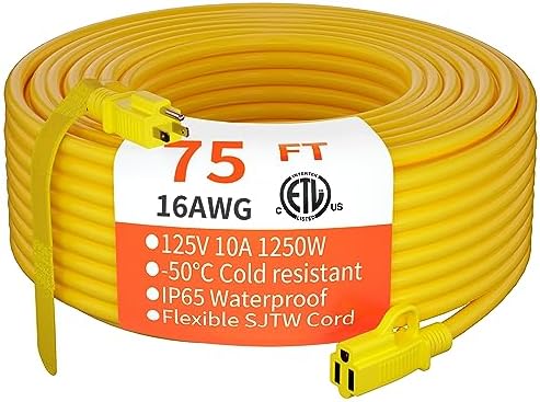 HUANCHAIN Indoor Outdoor Yellow Extension Cord 75 FT Waterproof 16/3 Gauge