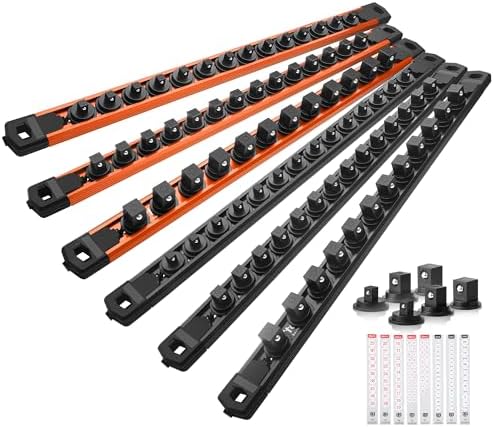 Reniteco Magnetic Socket Organizer Set, 6-Piece 1/4” 3/8” 1/2” Socket Rails | 80-Clip: 1/4" Rail-28 Clips, 3/8" Rail-24 Clips, 1/2" Rail-28 Clips, Heavy-Duty Aluminum Alloy Rails, Drawer or Wall Mount