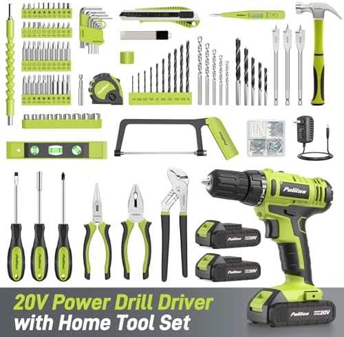 PULITUO 199-Piece Power Tool Set with 20V Cordless Drill Driver, Electric Screwdriver, 2 Batteries, Charger, LED Light and Toolbox, Home DIY Drill Set for Women and Men(Green)
