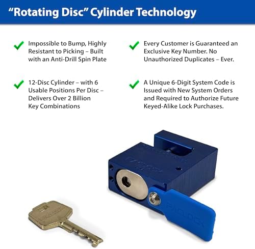 PACLOCK's 17-600-Series Block-Lock, High Security Rotating Disc, Manufacturer-Controlled Key Assigning, Exclusive Key Number, U-Pick! Keyed Alike w/ 1 Key, Blue