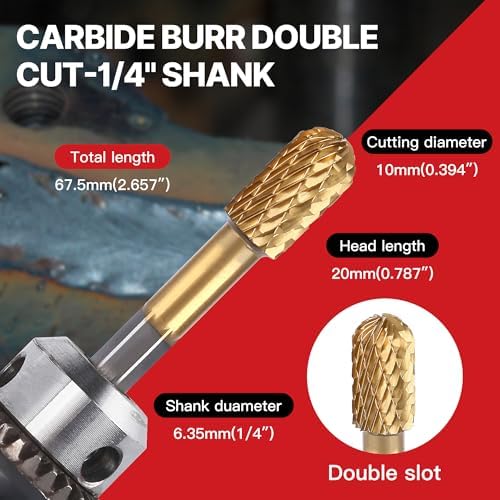 HUHAO Tungsten Carbide Rotary Burr Bit, Double Cut Carbide Burr 1/4" Shank Die Grinder Cutting Burrs Bit for Metal Working & Sturdy