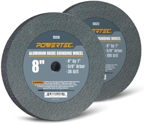 POWERTEC Bench Grinder Wheel 8 Inch 36 & 100 Grit, Aluminum Oxide Grinding Wheel for Bench and Pedestal Grinder, 1" Thick 5/8" Arbor, Sharpening & Shaping Drill Bits, Blade, Chisel, 2PK (15532)