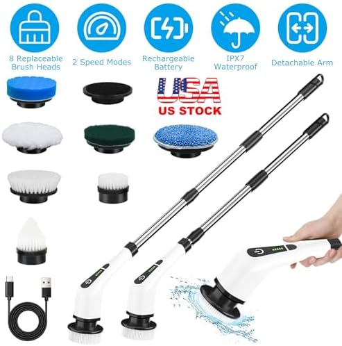 Electric Spin Scrubber, Cordless Telescopic Rechargeable Cleaning Brush, 8 Replaceable Heads, 2 Speed Adjustable for Bathroom & Floor