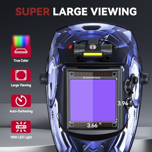 ARCCAPTAIN Auto Darkening Welding Helmet with Light, 3.94"X3.66" Large View