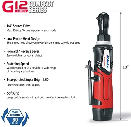 ACDelco ARW1209-K92 G12 Series 12V Li-ion Cordless ¼” & 3/8” Ratchet Wrench Combo Tool Kit with 2 Batteries and Canvas Bag
