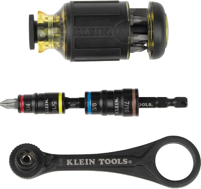 Klein Tools Mini-Ratchet, Stubby Driver and Flip Socket 3-Piece Set with 11-in-1 Ratcheting Screwdriver/Nut Driver