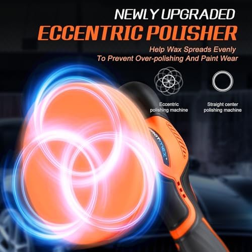 Protmex Cordless Car Buffer Polisher w/ 2x2000mAh 21V Batteries, Orange