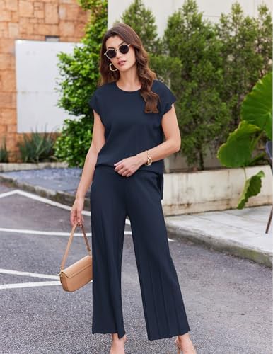 Ekouaer Lounge Sets for Women Two Piece Outfits Knit Cap Sleeve Tops Wide Leg Pleated Pants Casual Dressy Sweater Sets