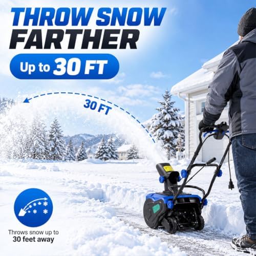 20-Inch Corded Electric Snow Blower, 15 Amp Snow Thrower with 180° Rotating Chute, 30 FT Throwing Distance & 10" Clearing Depth, Walk-Behind Snowblower for Driveways, Sidewalks & Patios, Black/Blue