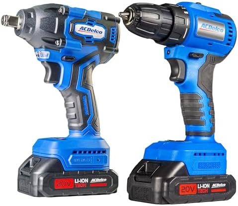 ACDelco Brushless Combo Kit, 251 Ft-lbs (350Nm) Impact Wrench & 400 In-lbs Drill, 1/2" & 3/8" Chuck, (2) 2.0Ah Batteries & Charger, 2600 RPM, 20V 2-Tool Power Kit, ARI20132-K1