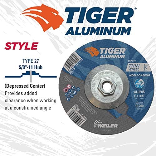 Weiler 58210 6 Inch Cutting Wheel, Tiger Aluminum Non-Loading Contaminant-Free High Performance Cutting, .045" ALU60S Type 27 5/8"-11 Hub, Pack of 10