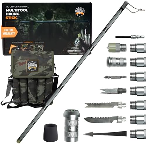 Prime Adventure 15-in-1 Tactical Survival Walking Stick & Hiking Staff – Heavy-Duty Collapsible Multitool for Camping, Hiking & Outdoor Survival Gear (8 Tubes, Premium Build)