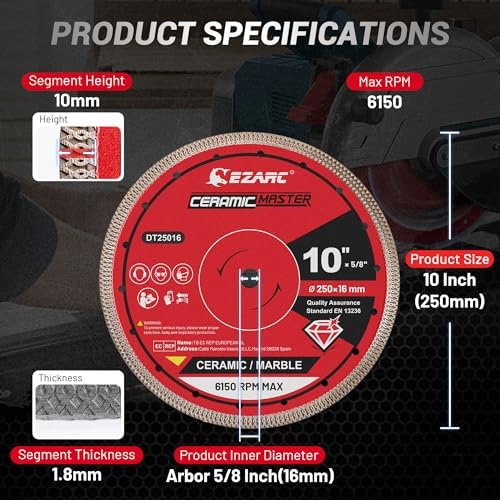 EZARC 10 Inch Super Thin Diamond Tile Blade, 5/8" Arbor, 1-Pack