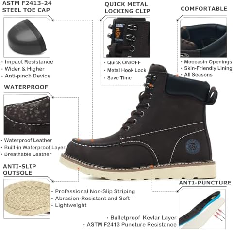 Steel Toe Boots for Men-6 Inch Moc Toe Safety Work Boots Non-Slip Resistant Indestructible Construction Western Boot Mens Steel Toes Shoes