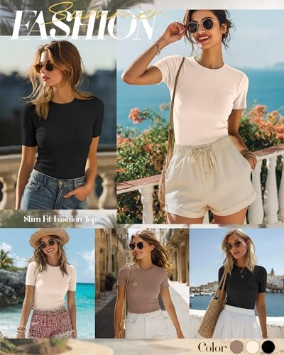 Ficerd 3 Pack Women's Ribbed Short Sleeve T-Shirts