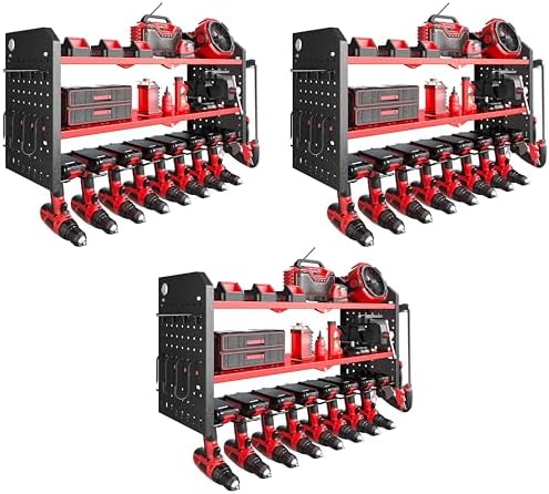 Nacial PowerTool Organizer Wall Mount, 8 Drill Holder Wall Mount with 3 Layer Cordless Drill Holder, Heavy Duty Tool Rack with 12 Hooks, Power Tool Storage for Garage Organization, (Pack of 3)