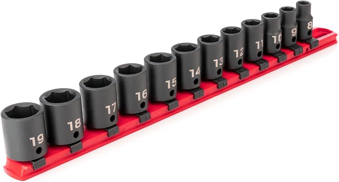 TEKTON 3/8 Inch Drive Impact Socket Set, 12-Piece | SID91102 | (8 - 19 mm), Shallow, 6-Point, Socket Rail