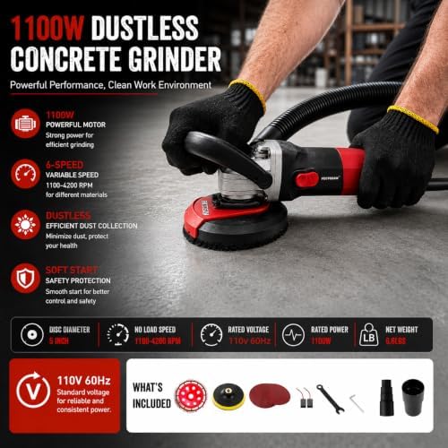 1100W Dustless Concrete Grinder, 5-Inch Surface Grinding Tool with Vacuum Dust Collection, 6-Speed Variable Control (1100-4200 RPM), Diamond Cup Wheel for Concrete, Masonry & Coating Removal