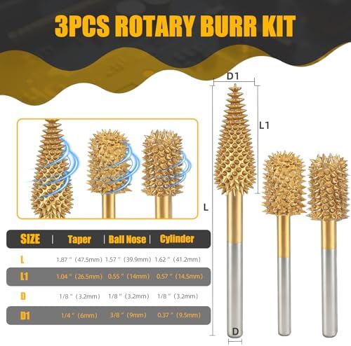 CAELUM Titanium Coated Rotary Burr Set 3Pcs, 1/8" Coarse, Wood Carving Bit