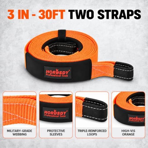 HORUSDY Nylon Heavy Duty Tow Strap Recovery Strap with Hooks 3" x 30Ft - 35,000 LBS Break Strength, 2" Shackle Hitch Receiver + 3/4 D Ring Shackles (2pcs), Recover Your Vehicle Stuck in Mud/Snow